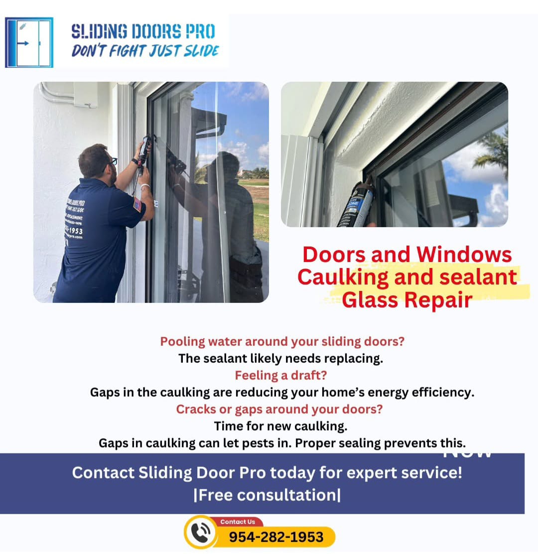 Benefits of Professional Caulking and Sealant Services Engaging professionals like Sliding Door Pro for caulking and sealant repairs offers numerous advantages: Enhanced Protection: Properly sealed windows and doors prevent water intrusion, safeguarding your home against Florida's heavy rains and storms. Improved Energy Efficiency: Sealing leaks reduces drafts, helping maintain consistent indoor temperatures and lowering energy consumption. Extended Lifespan of Fixtures: Regular maintenance of caulking and sealants prolongs the durability of windows, doors, and other structural elements. Healthier Indoor Environment: Preventing moisture ingress reduces the risk of mold growth, contributing to better indoor air quality. Our Comprehensive Services At Sliding Door Pro, we offer a range of services tailored to meet your home's specific needs: Window and Door Caulking: Sealing gaps around windows and doors to enhance insulation and prevent drafts. Sliding Door Repairs: Addressing issues like track misalignment, worn rollers, and faulty locks to ensure smooth operation. Screen Repair and Replacement: Fixing or replacing damaged screens to keep pests out while allowing fresh air in. Motorized Screen Installation: Offering modern solutions to enhance your home's comfort and functionality. Why Choose Sliding Door Pro? Expertise: With over a decade of experience, our skilled technicians deliver high-quality workmanship tailored to Florida's climate challenges. Quality Materials: We use durable, weather-resistant caulking and sealants designed to withstand Florida's harsh environmental conditions. Customer Satisfaction: Our commitment to excellence ensures that we address your concerns promptly and effectively, providing peace of mind. Schedule Your Free Consultation Today Don't wait for minor issues to escalate into costly repairs. Protect your home by ensuring that all caulking and sealants are in optimal condition. Contact Sliding Door Pro for a free consultation and let our experts enhance the comfort, efficiency, and longevity of your home. Contact Information: Phone: 954-282-1953 Website: Sliding Door Pro Trust Sliding Door Pro—the leading experts in caulking and sealant repair services in Florida—to keep your home secure and well-maintained.