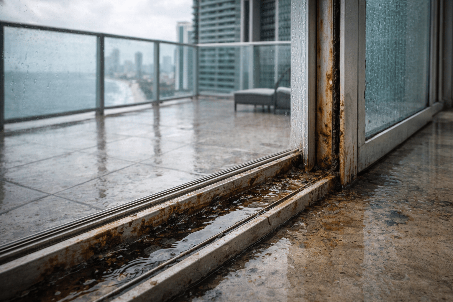 Rusty track on rainy Miami balcony