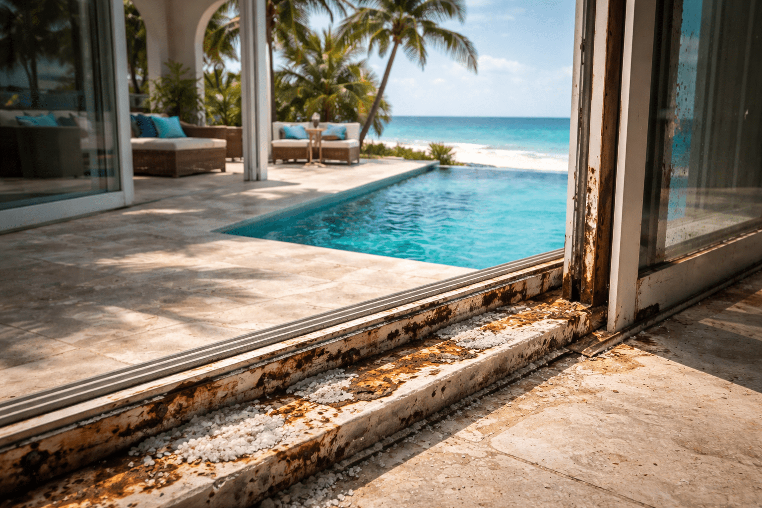 Humidity and moisture. Miami's average humidity hovers around 75%. That constant moisture seeps into tracks, warps weatherstripping, and creates the perfect environment for mold and mildew buildup that makes doors stick and drag. Hurricane season stress. Even if your sliding door survives a storm without cracking, the pressure changes and wind vibrations loosen frames, bend tracks, and knock rollers out of alignment. After every hurricane season, we see a spike in calls from homeowners who suddenly can't open or close their doors. Daily UV exposure. Florida sun doesn't just fade your furniture — it degrades rubber seals, dries out weatherstripping, and makes plastic components brittle and prone to cracking over time. The bottom line: if you live in Miami-Dade County and you have a sliding glass door, it's not a question of if it will need repair — it's when.